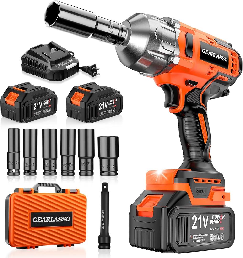 1300N.m(960Ft-lbs) Cordless Impact Wrench 1/2" Brushless High Torque Impact Wrench with 2x 4.0Ah Batteries, 6 Sockets, Charger, Extension Bar for Car, RV, Truck Wheel Lug Nuts