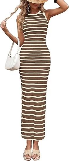 PRETTYGARDEN Sundresses for Women Summer Striped Knit Side Slit Spring Fashion Bodycon Maxi Dress Beach Vacation Clothes Size L 