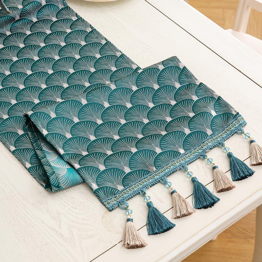 Table Runner, Vintage Luxury Embroidered Floral Jacquard Damask Fabric with Multi-Tassels for Living Room Dresser Scarfs (Teal, 13x48Inch)