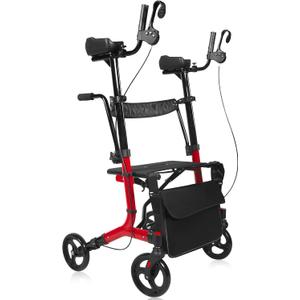 Upright Walker for Seniors & Adults with Seat 450 lb Capacity, Stand Up Walkers Foldable, 19.8 lbs Lightweight, Adjustable Arms, 10-Inch Big Wheels for All Terrain Rollator Walker (Red02)