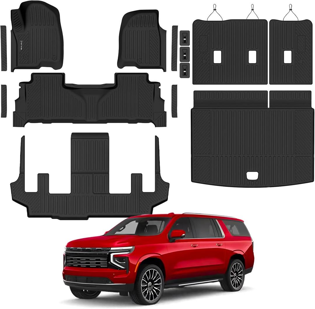 Floor Mats & Cargo Liner & Backrest Mat for 2021-2026 Chevrolet/Chevy Suburban/GMC Yukon XL 7 Seats All Weather Protection TPE Rubber Full Set Automotive Floor Liner Accessories (2nd Row Bucket Seats)
