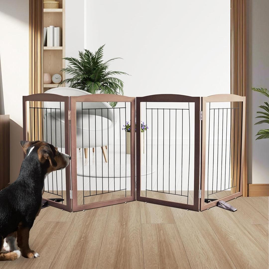 ZJSF Freestanding Dog Fence Indoor, Foldable Dog Gate for Doorways, Stairs or Hallways, Sturdy Wood Extra Wide Pet Gate with Support Feet for The House, Brown, 32 "Height-4 Panels