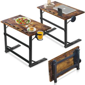 23.3 Inch Folding Desk that Comes Fully Assembled, a Large TV Tray Table for Eating on the Couch with a Cup Holder, Rustic Brown