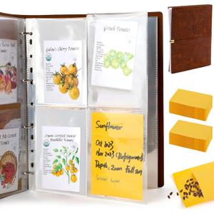Seed Packet Organizer Binder, Garden Planner Packet with 25 Pack Clear Pocket Sleeves(Slot 3.9" x 5.5") 50Pcs Seed Storage Envelopes, Fit for Standard Seed Packets (Brown)