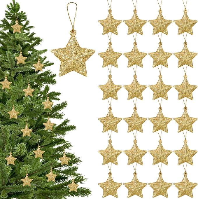 Shappy 48 Pcs Glitter Star Ornaments Christmas Tree Mini Hanging Stars Christmas Decorations Plastic Festive Embellishments for Holiday Party Weddings Home Decoration(Gold)