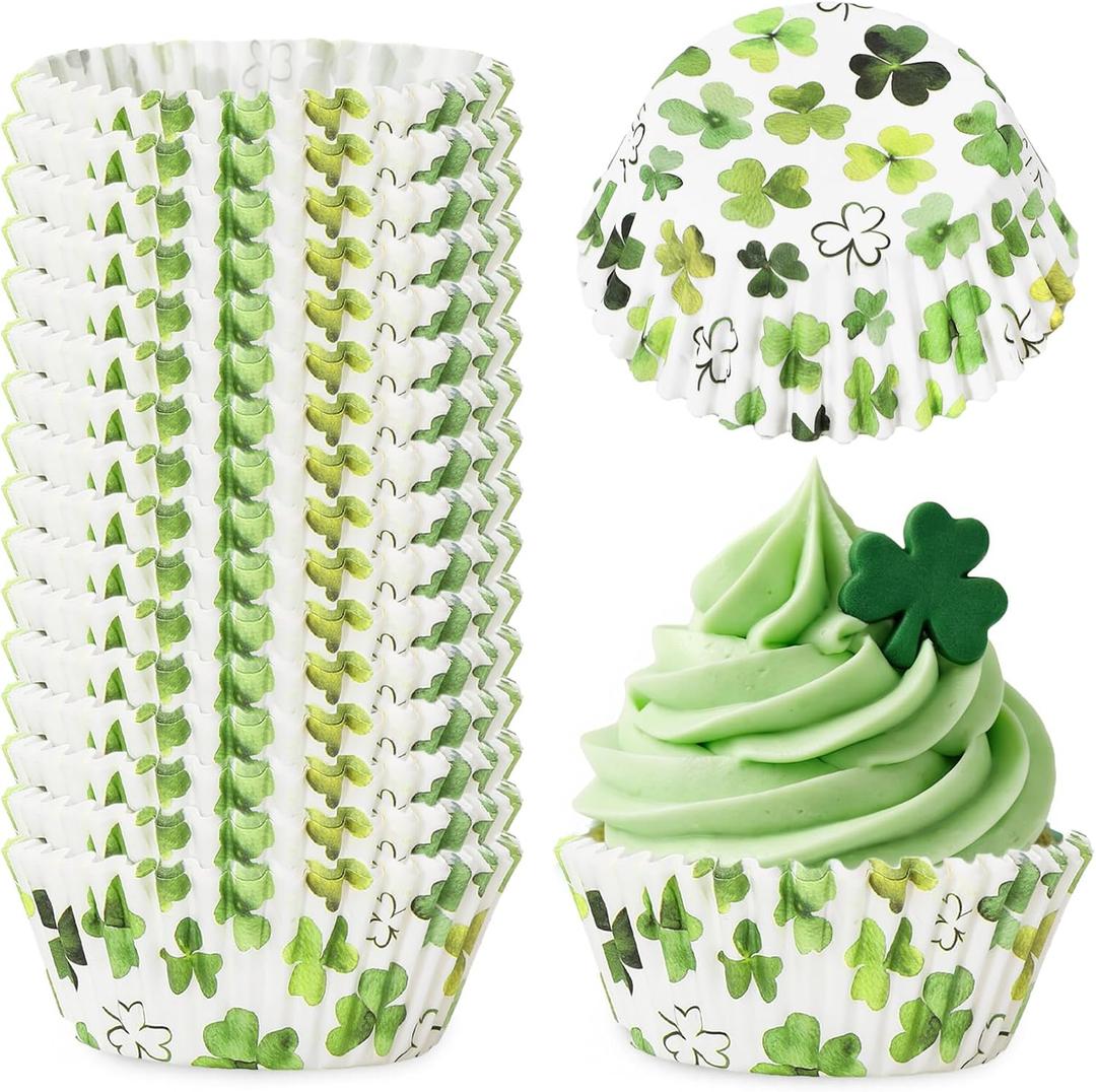 Whaline 300 Pcs St. Patrick's Day Shamrock Cupcake Liner Paper Baking Cups Green Leaf Clover Watercolor Muffin Liner Cake Storage Container for Irish Holiday Party Supplies, 2 x 1.2 Inch