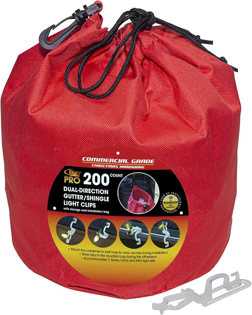 Titan Clear Dual-Direction Shingle & Gutter Christmas Light Clips 200 Count - Includes Bonus Outdoor Light Clip Storage Bag & Belt Clip Carabiner for Easy Installation