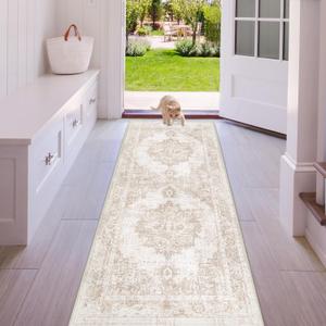 Runner Rug 2x5 Hallway Runner Rugs: Washable Vintage Kitchen Area Rug Medallion Distressed Rugs Non Slip Soft Low Pile Indoor Floor Carpet for Living Room Bedroom Bathroom Laundry(Beige, 2'x5')