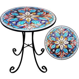 Mosaic Side Table Outdoor, 18 Inch Metal Accent Table, Indoor Small Round End Tables, Plant Stand Tables for Patio Yard Balcony Garden Bedside