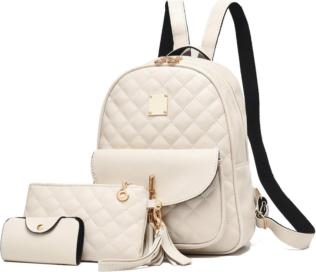 IHAYNER Women's Simple Design Quilted Mini Backpack - 3Pcs Leather Backpack Purse for Women (Beige)