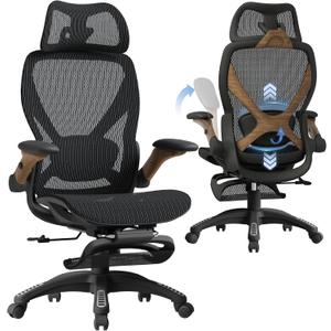 X100 Ergonomic Mesh Office Chair with Footrest, Big and Tall Home Desk Chair with 5D Flip-Up Arms, Adjustable 3D Lumbar Support, Gaming & Executive Computer Chair (Library Oak)