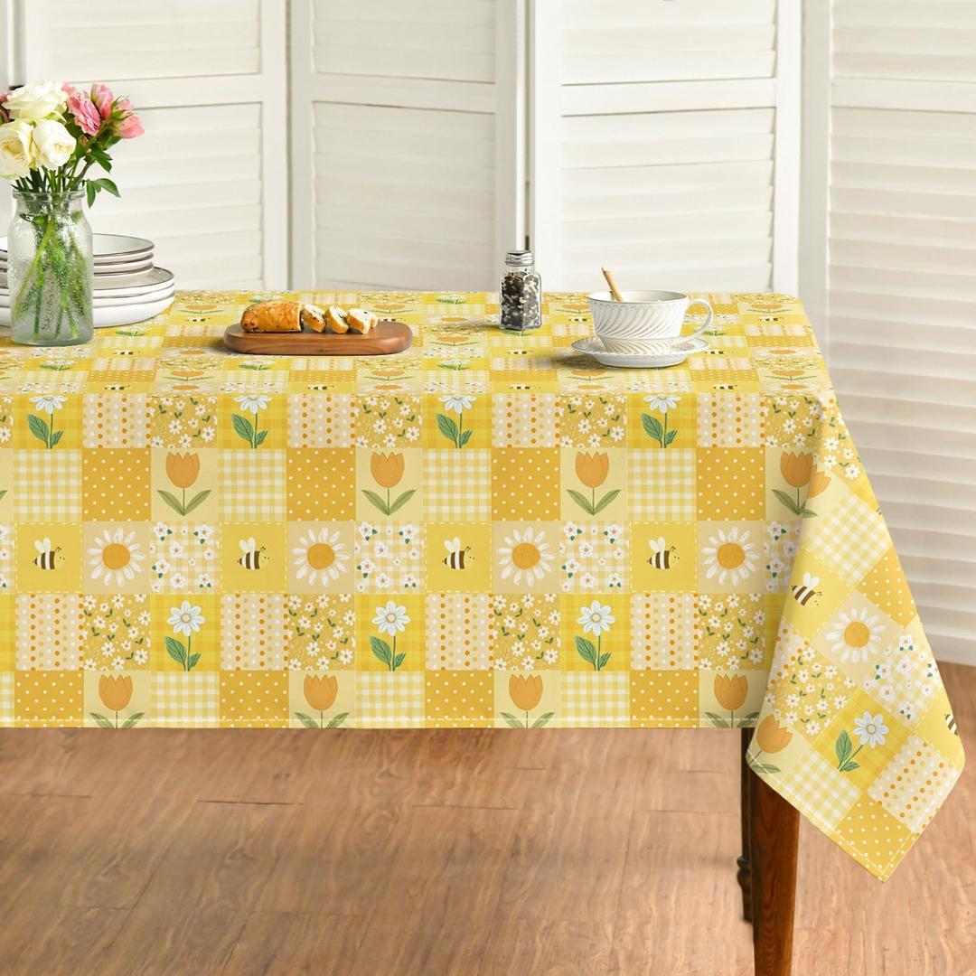 Horaldaily Spring Tablecloth 60×140 Inch Rectangular, Polka Dot Plaid Daisy Tulips Yellow Washable Seasonal Table Cover for Party Picnic Dinner Decor