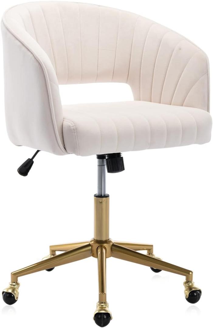 Velvet Office Desk Chair, Modern Home Desk Chair with Wheels & Gold Base, Swivel Vanity Chair for Bedroom, Office, Vanity Study (Beige) (Cream)