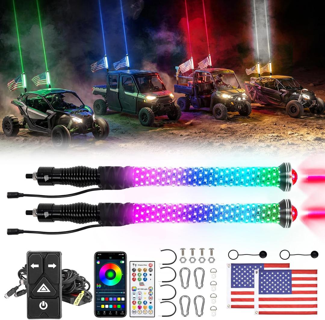 KEMIMOTO 2-in-1 2pc 2ft whipless Fat Whip Lights, Alien Lights with Integrated Rocker Switch, Remote & APP Control, 360° Spiral Multi-Color Alien Scratch-Resistant LED Whip Lights for SXS UTV