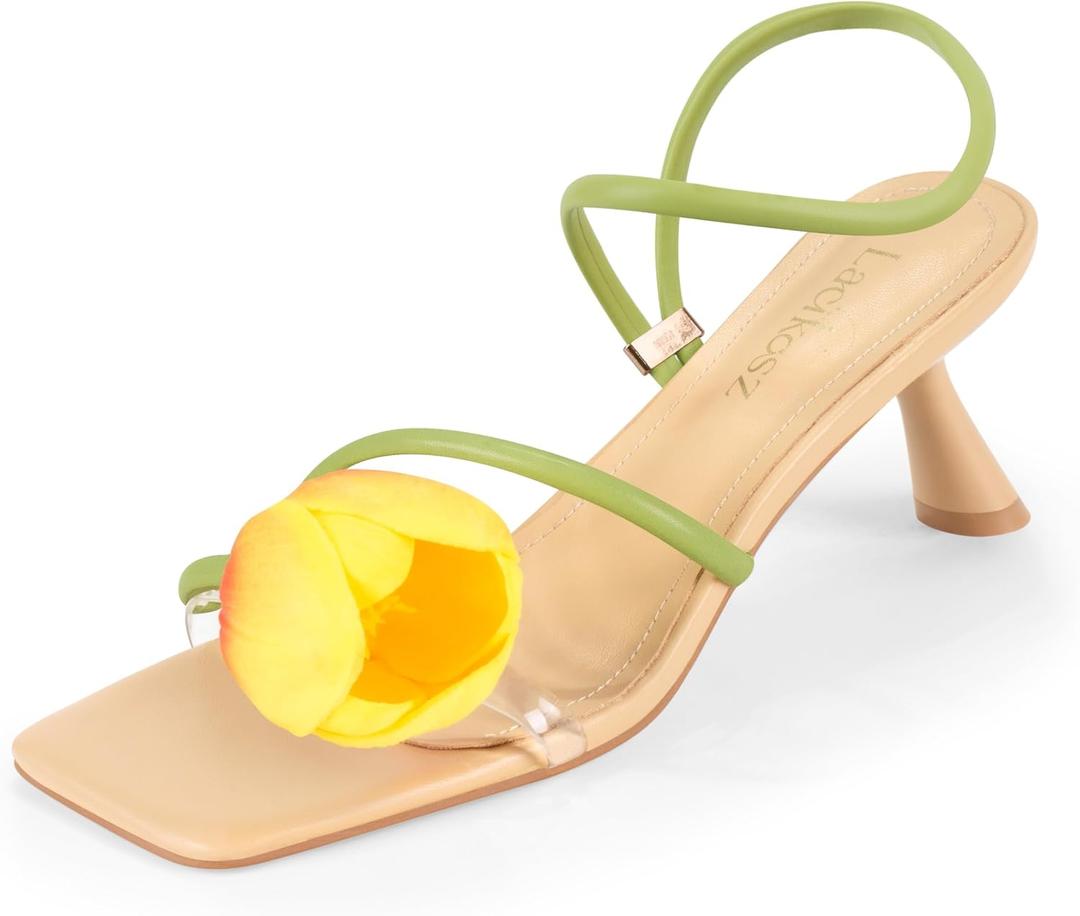 LACIKOSZ Flower Kitten Heel Sandals for Women Calla Lily Green Heels Square Open Toe Floral Strappy Low Heel Sandals Summer Dressy Wedding Shoes, 7.5
