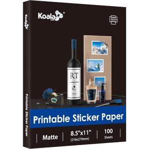 Koala 100 Sheets Sticker Paper for Regular Labels, Matte White, 8.5x11 Inch Printable Full Sheet Label Paper for Inkjet & Laser Printers