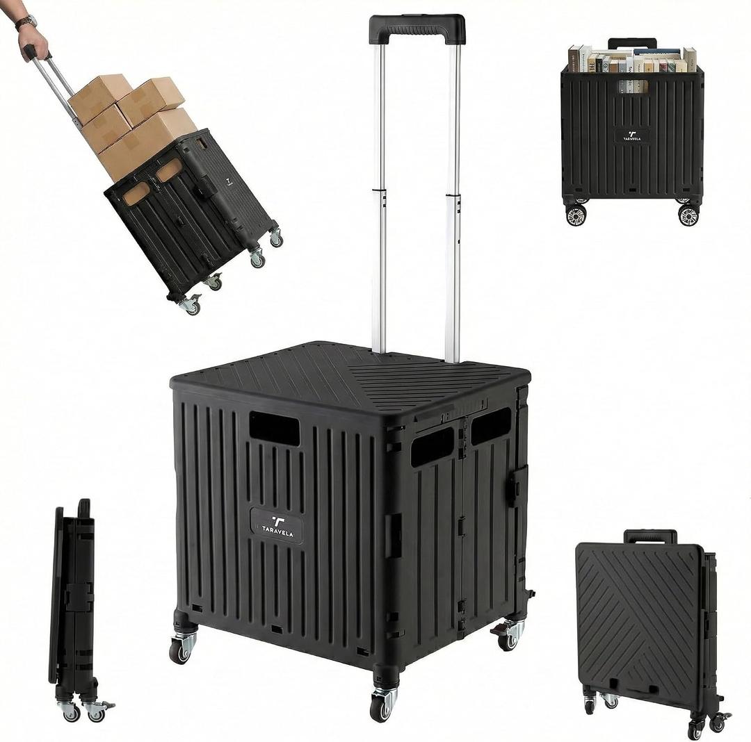 Rolling Cart for Teachers – Collapsible Cart with Wheels, Foldable Utility and Grocery Cart on Wheels for Classroom, Office, Travel, Tool Box, and Move Luggage (Black)