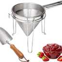 8 inch Stainless Steel Chinois Strainer with Stand, Fine Mesh China Cap Strainer with handle and Pestle for Tomato, Fruit,Soup and Jam Making.