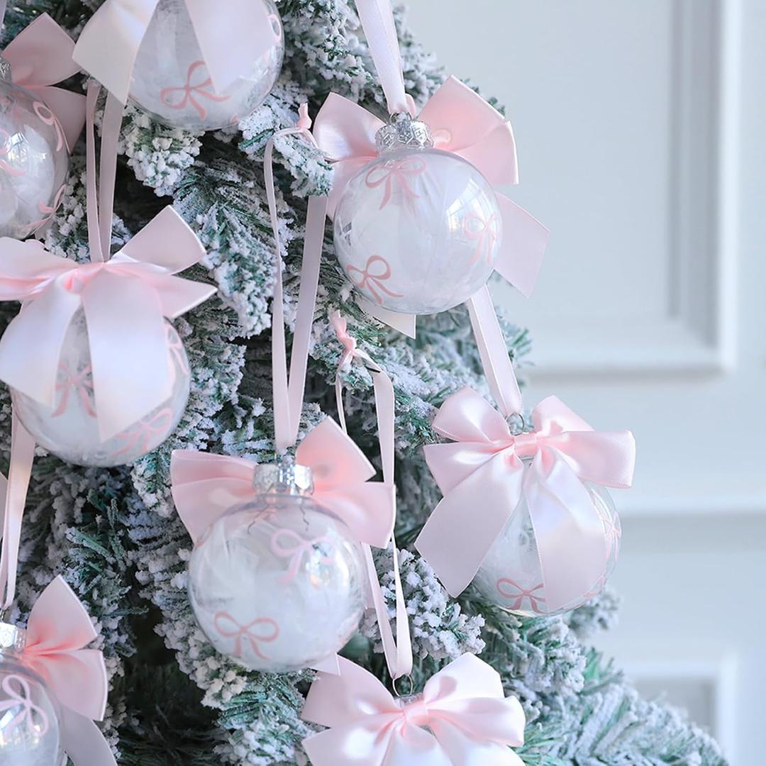 9pcs Pink Christmas Tree Bow Ornaments 3.15'' Clear Plastic DIY Fillable Ball Ornaments with Bow Stickers for Xmas Hanging Ornaments Pendant Girl's Wedding Birthday Decoration Gift