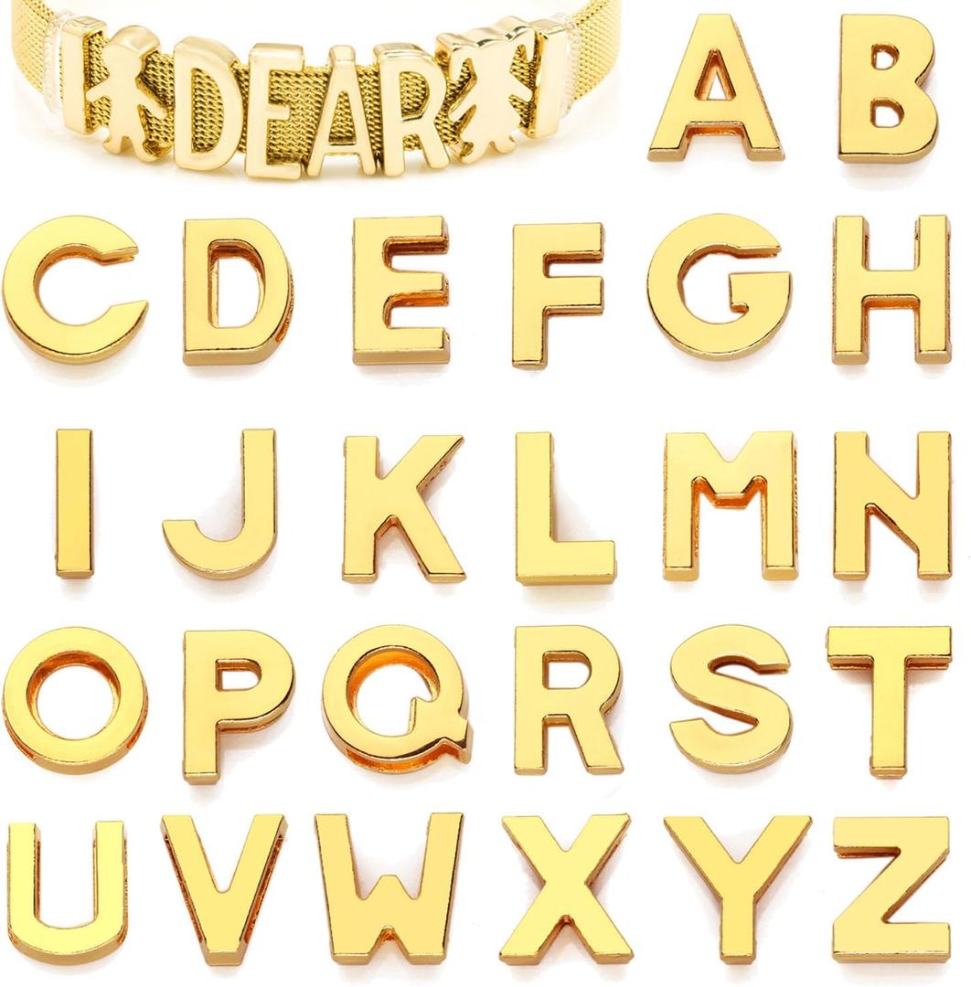 Stino Metal Letter Beads Set, 52 Pieces, Slide Alphabet for Bracelet Necklace, DIY Jewelry Making, Silver (Gold Letter)