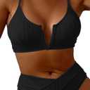 Women's V Cut High Waisted Bikini Ribbed V-Wired Cami Two Pieces Swimsuit (Black) S