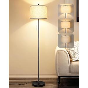 Floor Lamp for Living Room, 63in Black Standing Lamp, 3-Way Dimmable Floor Lamp for Bedroom, Tall Lamp with White Linen Shade for Office