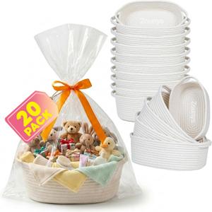 Zounys 20Pack Small Woven Gift Basket with Bags and Bows, DIY White Baskets for Gifts, Baskets for Gifts Empty to Fill for Nursery, Baby Shower, Birthday Party and New Mom Presents, 1 Count