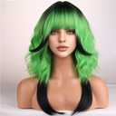 Green Black Ombre Wig Short Curly Wavy Wig With Bangs Hair Tail Dye Black Wig for Women Girls Heat Resistant Synthetic Hair Wigs for Daily Use Cosplay Wig With Wig Cap