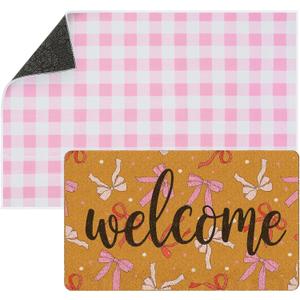 Tinideya 2 Pcs Pink Bow Welcome Doormat 23x35 in Layered Buffalo Plaid Carpet Coquette Non Slip Pink Bow Bathroom Mat Coir Mats Cute for Entrance Porch Indoor Outside Home Decor Gift Supplies