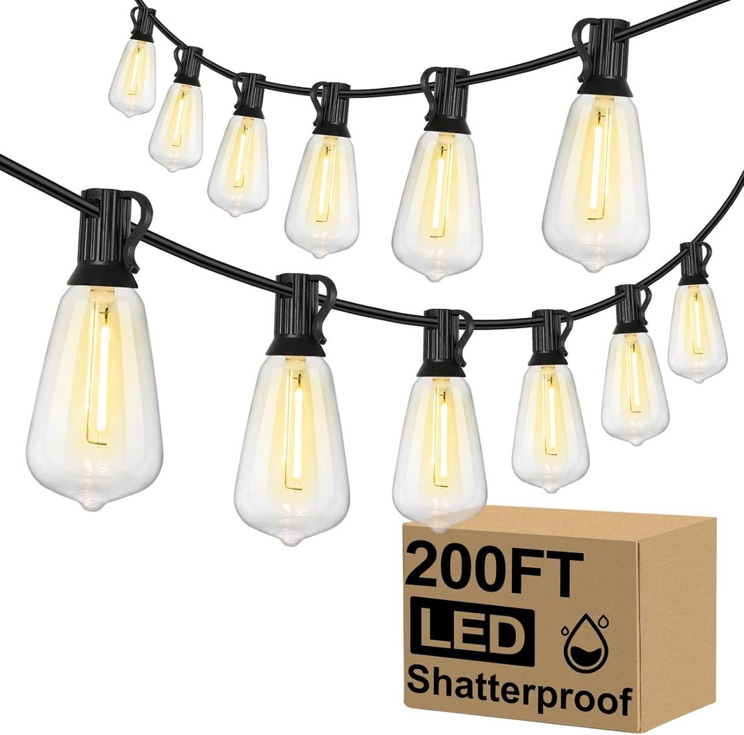 Brightever Outdoor String Lights 200FT Waterproof, Patio String Lights for Outside with 100+4 ST38 Shatterproof LED Filament Bulbs, Dimmable Hanging Lights for Christmas, Party, Cafe (2-Pack 100FT) (200FT-Warm White, Black Wire)