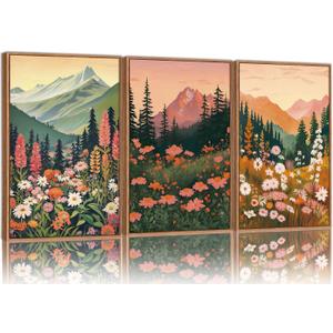 Tinonedraw Mountain Wildflower Framed Canvas Wall Art Set, Boho Mountains Landscape Wall Decor, Modern Floral Forest Scenery Artwork, Neutral Nature Art Prints for Living Room Bedroom Office 24"x36"x3, 36L" x 24W"