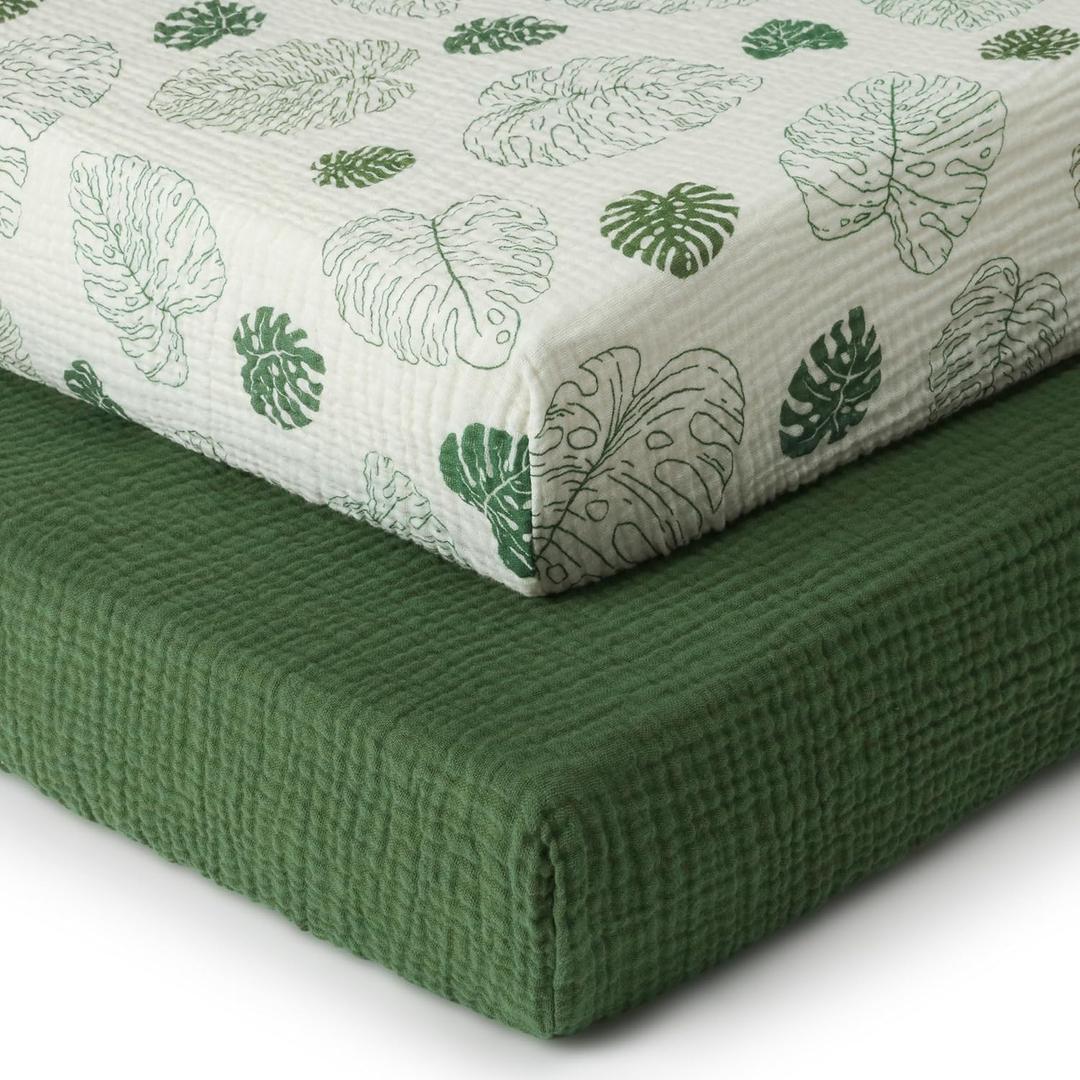 Blissful Diary Muslin Crib Sheets for Girl Boy, Boho Neutral Soft Cotton Baby Sheet for 52''x28'' Standard Crib Mattress, 2 Pack(Monstera & Dark Green)