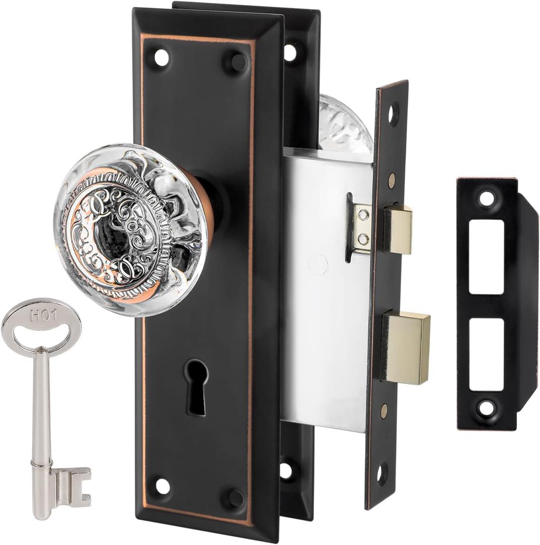 Mortise Lock Set Interior Door, Glass Door Knobs with Lock,Old Style Door Knob Replacement, Vintage Antique Door Lock with Skeleton Key,Classic Oil Rubbed Bronze Finish (1 Pack)