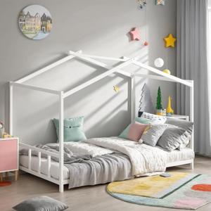 Twin Size Floor Bed with Roof Design for Kids, Girls, Boys,Montessori Floor Bedframe for Small Space,Easy Assembly & No Box Spring Needed, White