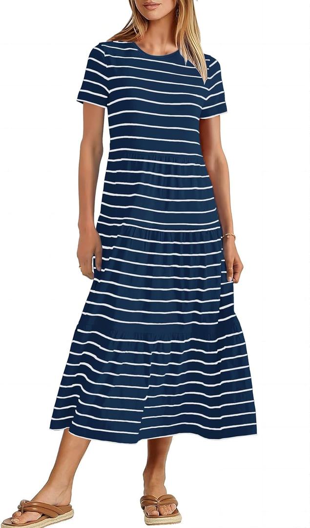 MITILLY Women's 2025 Summer Casual Short Sleeve T Shirt Dress Striped Tiered Swing Beach Maxi Dresses with Pockets (Medium, Navy)