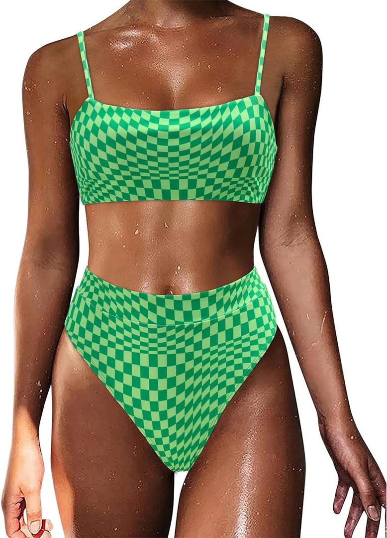 MOSHENGQI Women High Wasited Bikini Shoulder Strap 2 Piece High Cut String Swimsuits (Green, S)