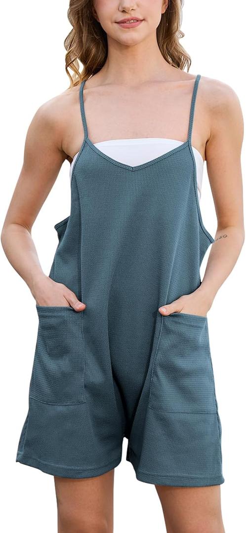 Rompers for Women Summer Casual Waffle Knit Sleeveless Romper Spaghetti Strap Shorts Overalls Jumpsuit with Pockets (Large, Blue)