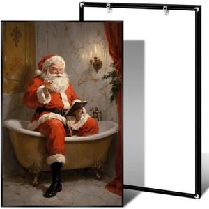 Santa Claus wall decor, fun bathroom poster print, Santa Claus in the bathtub art painting, winter holiday Christmas decoration, Victorian style vintage wall art poster for bathroom and bedroom (8x12in BlackMetalFrames)