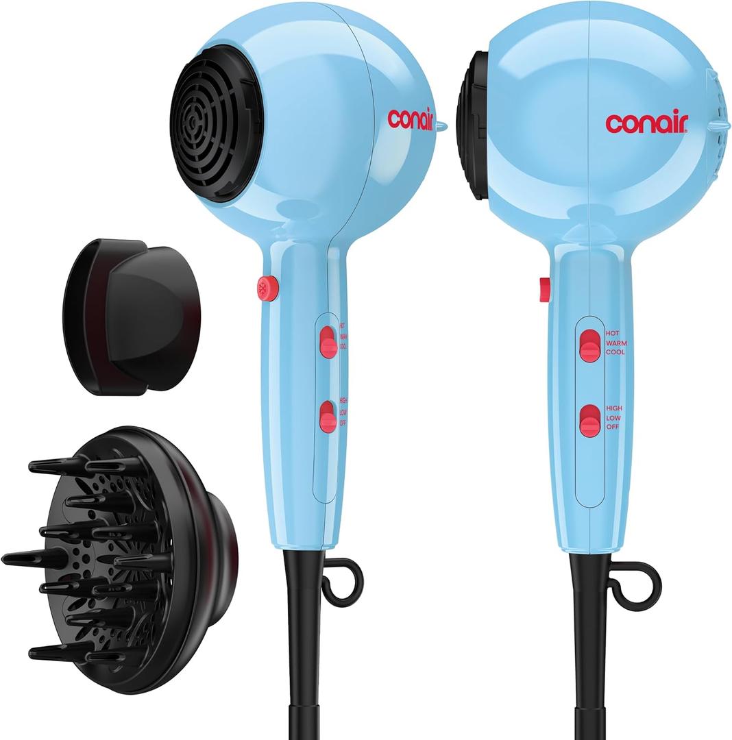 Conair Cake Pop Hair Dryer with Diffuser & Concentrator Attachments, Blow Dryer, Hair Dryers for Women, Tourmaline Ceramic Technology, 3 Heat/2 Speed Settings, Compact Hair Dryer w/Concentrator, Blue