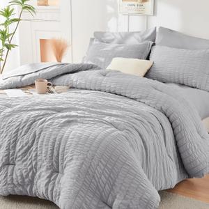 HYMOKEGE Light Grey Queen Comforter Set Seersucker 7 Pieces, All Season Luxury Bed in a Bag for Bedroom, Bedding Set with Comforters, Sheets, Pillowcases & Shams