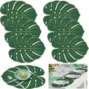 Yingzhao 6 Pcs Embroidered Tropical Leaf Placemats Hawaiian Tropical Palm Leaves Safari Theme Jungle Party Table Decorations Luau Green Artificial Plant Leaves Table Mats for Birthday, 17 x 11 Inch