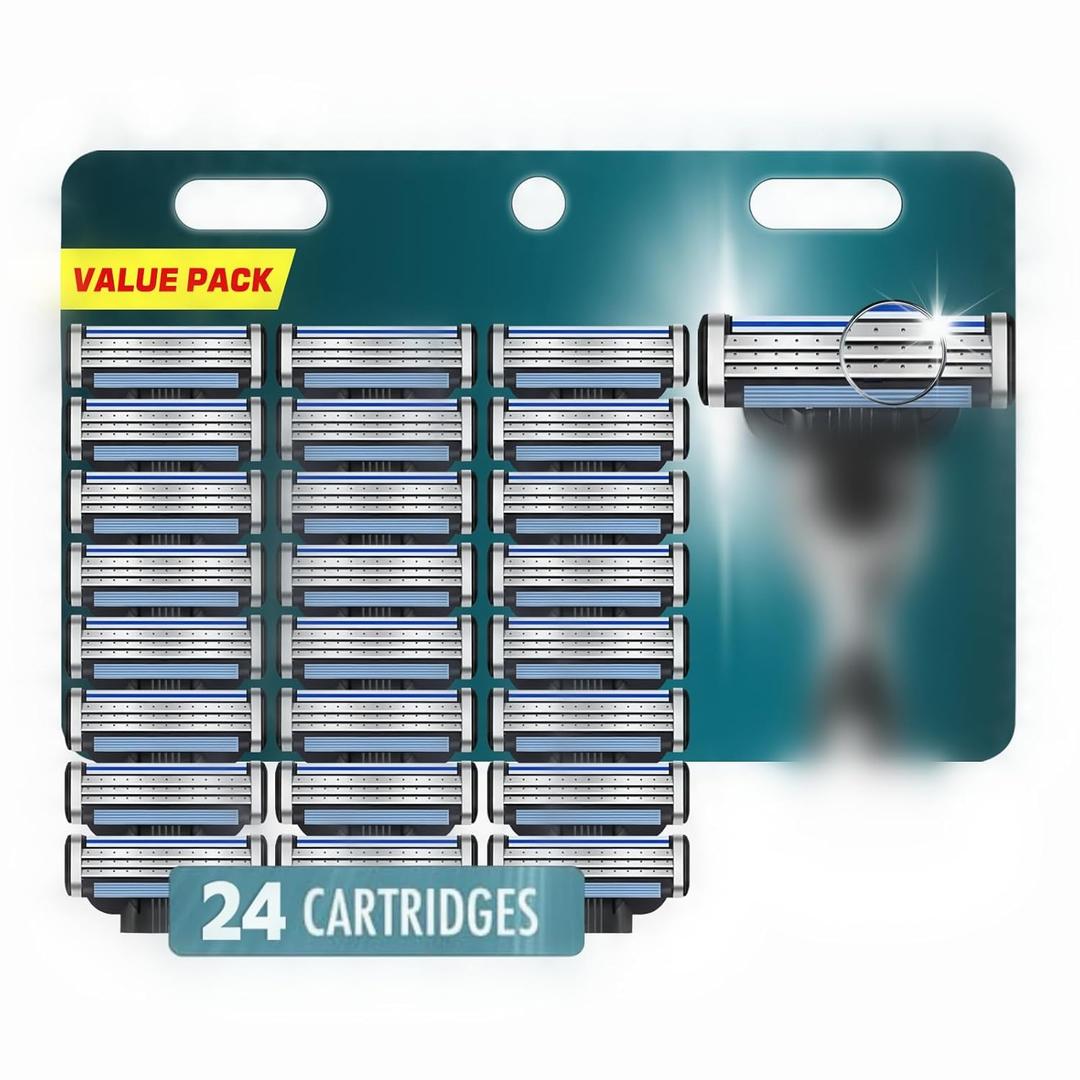 Razor Refills for Men, 24 Count 3-Blade Shaving Blades with Dual Lubrication, Compatible with Mach3 Razor Handles - Value Pack