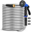 Garden Hose 50 ft, Stainless Steel Metal Hose, Flexible Water Hose with 10 Function Nozzle, Kink Free, Leak-Proof, Heavy Duty Hose for Yard, Outdoor, Lawn, RV, Car Wash and Camper Use