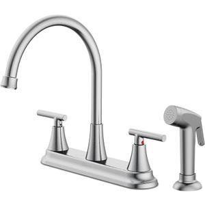 HURRAN 2-Handle Kitchen Faucet with Pull-Out Side Sprayer, 8 Inch High Arch Stainless Steel 360Rotating Kitchen Sink Faucet, 4 Hole Faucet for Kitchen Bar Rv Camper, Nickel