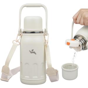 Insulated Water Bottle with Handle and Strap,Vacuum Travel Tumbler with Cup Lid,Thermo Coffee Cup for Hot Cold Drinks 27 OZ,Beige