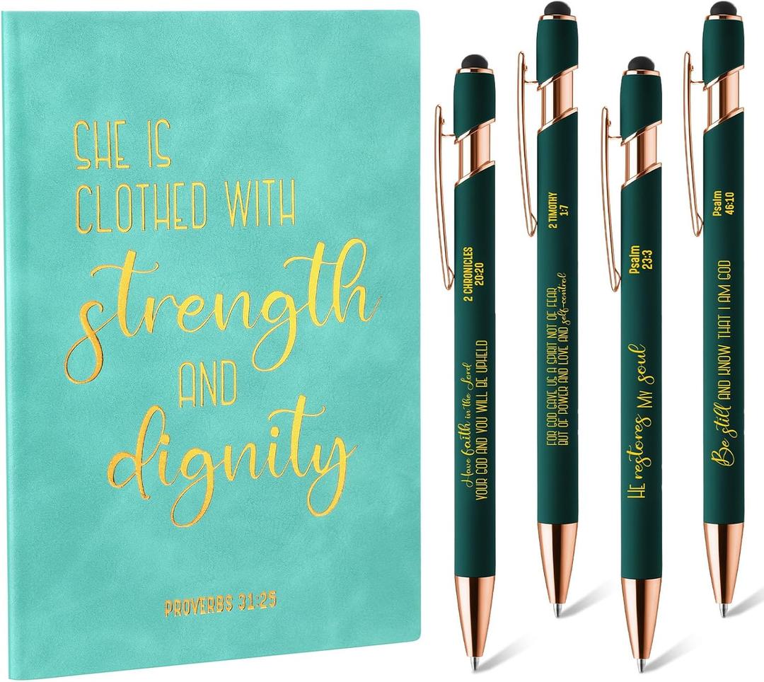 Qilery 5 Pcs Bible Journal Set Green Christian Gifts for Women Men A5 Leather Notebook Inspirational Religious Prayer Journal with Pen Jesus Church Sunday School Teacher Appreciation Gift Bible Study