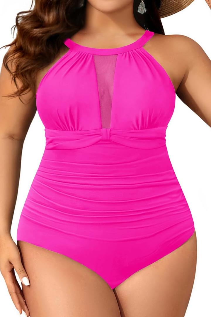 Aqua Eve Plus Size Swimsuit Women One Piece Swimsuit Tummy Control High Neck Bathing Suit Ruched Swimwear (Hot Pink) Size 18W