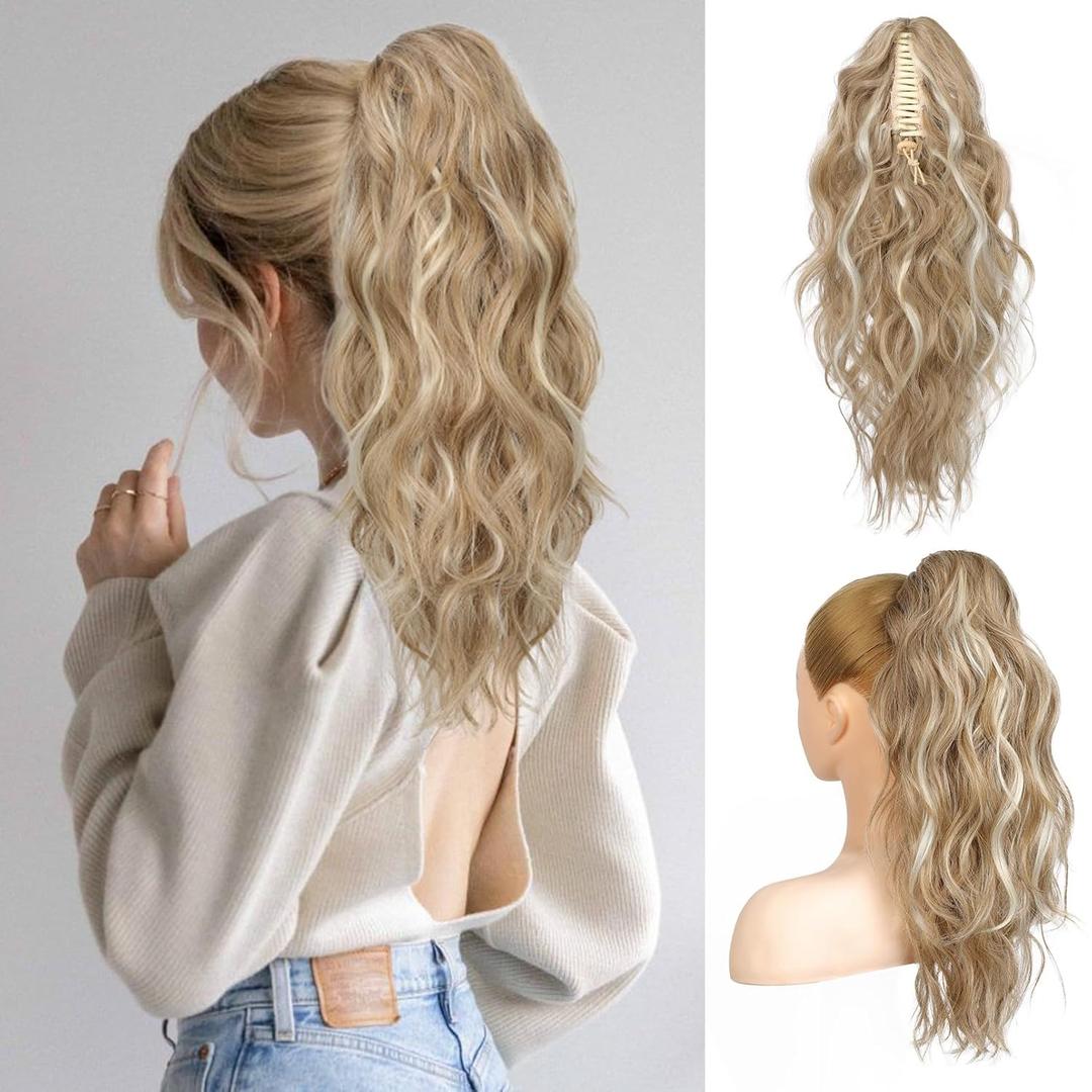 Flufymooz Ponytail Extension, 18 Inch Claw Clip Ponytail Extension, Wavy Curly Claw Clip in Pony Tail Hair Extensions, Pony Tail Synthetic Hairpiece for Women (Honey Blonde with Blonde Highlights)