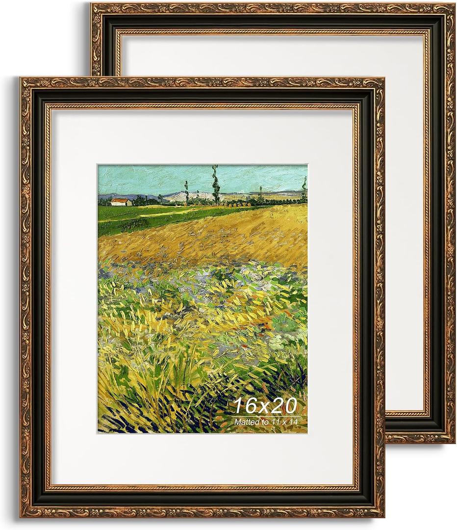 16x20 Picture Frame, Ornate Embossing Frame with Paper Mat and Plexiglass, Fit for 16x20 without Mat or 11x14 with Mat, Wall Mounting Display for Art Prints, Black and Antique Gold, 2 Pack