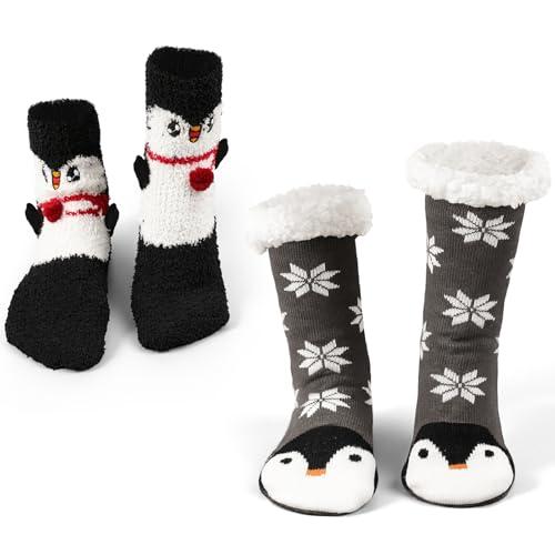 Liitrsh 2 Pairs Fuzzy Slipper Socks with Grippers Animal Sock Sherpa Lining Warm Plush Animal Lover Gift for Valentine's Day(Penguin)